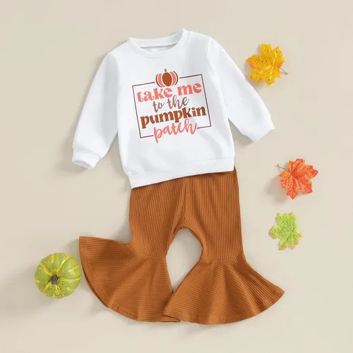 Vista 3 de Kuriozud Conjunto de 2 piezas para niña pequeña, sudadera de manga larga con estampado de letras de Halloween y pantalones acampanados acanalados