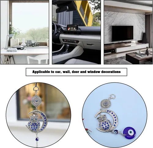 Vista 3 de Decoración azul contra el mal de ojo, adorno colgante de búho, colgante de luna, amuleto para colgar en la pared, accesorios