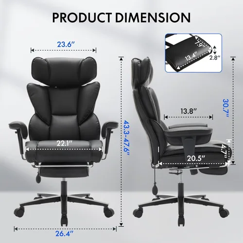 Vista 2 de Silla de oficina grande y alta de 600 libras con reposapiés y brazos abatibles, silla de oficina de tamaño grande para personas pesadas, soporte