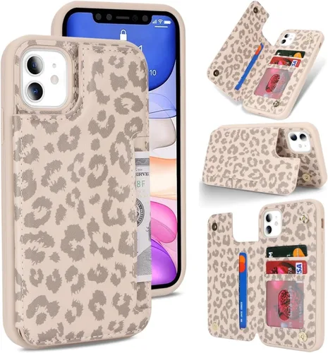 Vista 19 de iCoverCase Compatible con iPhone 11 Funda con Portador de Tarjetas, Funda de Teléfono Tipo Billetera para Mujeres Hombres Bloqueo RFID Funda Beige