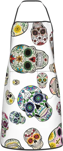 Vista 16 de Delantal de calavera de azúcar, delantales de cocina para hombres y mujeres, delantal de cocina, delantal de chef, delantales de jardín ajustables