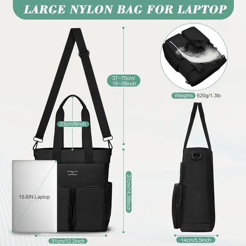 Vista 6 de Large Nylon Tote Bag for Women Work with Zipper Pocket Waterproof Laptop College Tote bag Shoulder Purse Travel Handbag