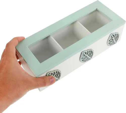 Vista 3 de Wooden Tea Organizer Box with 3 Compartments Tea Bag Storage Chest for Kitchen Countertop Rustic Wood Holder and Coffee Packets