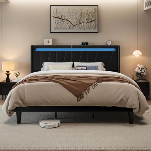 Vista 7 de Allewie Base de cama LED tamaño King con estación de carga, cama de plataforma tapizada en terciopelo con cabecera geométrica tipo wingback, marco