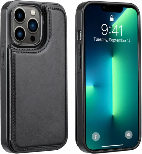 Vista 4 de Funda tipo cartera compatible con iPhone 13 Pro de 6.1 pulgadas, funda protectora delgada con tarjetero, piel sintética de alta calidad, ranuras