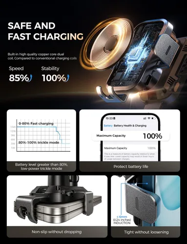 Vista 7 de Cargador inalámbrico de coche con soporte para teléfono, soporte de teléfono de carga rápida de 15 W, soporte de teléfono con abrazadera automática