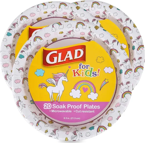 Vista 8 de Glad para Niños Platos de Papel Desechables Redondos con Temática de Unicornio - Resistentes, A Prueba de Absorción, Platos Aptos para Microondas