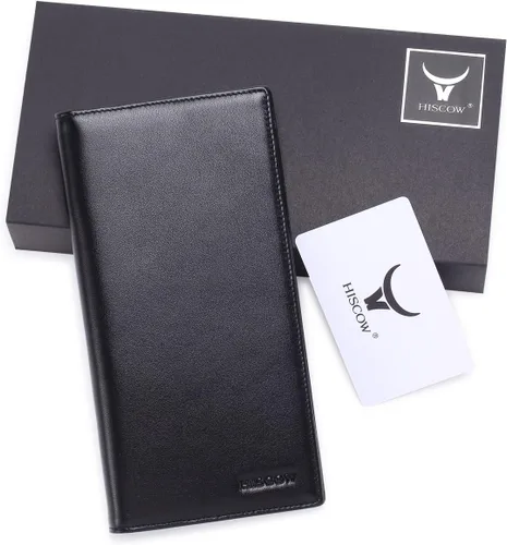 Vista 7 de Cartera larga de piel delgada para hombres y mujeres piel de becerro italiana bolsillo para chequera tarjetas de crédito Piel de becerro negra L