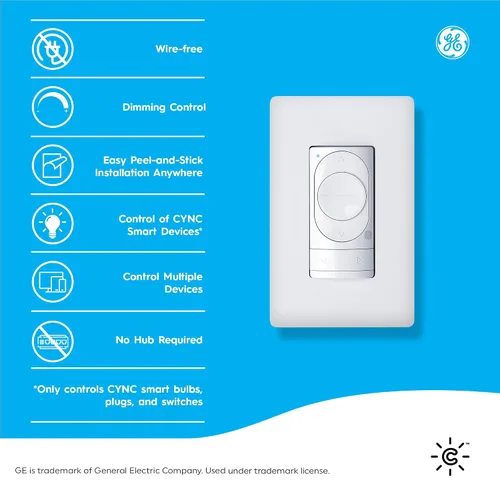Vista 2 de GE CYNC - Regulador inteligente sin cables, interruptor de luz de batería, control Bluetooth, color blanco (paquete de 1)