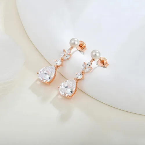 Vista 3 de Aretes de plata de ley 925 para mujer, aretes colgantes y gota de perlas con circonita cúbica 5A para mamá, madre, novia, abuela, esposa, regalos