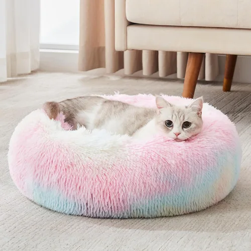 Vista 27 de Cama calmante para perros y gatos, cama antiansiedad, de felpa, con forma de dona, redonda, acolchada, de piel sintética, suave y esponjosa