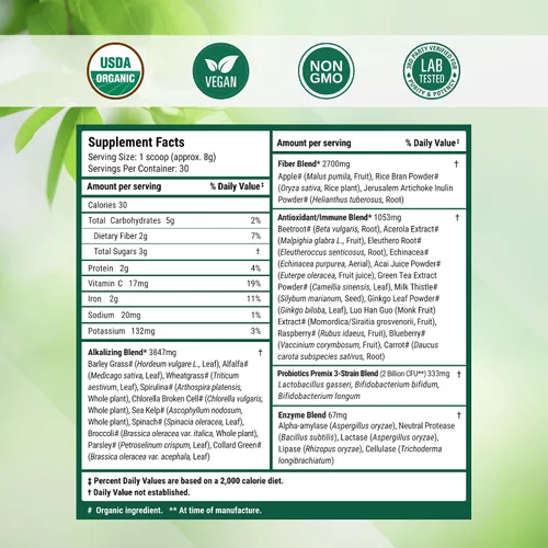 Vista 8 de SUPER GREENS Veggie Greens Superfood en polvo con 20 ingredientes orgánicos: espirulina, chlorella, cebada y otros, además de frutas orgánicas