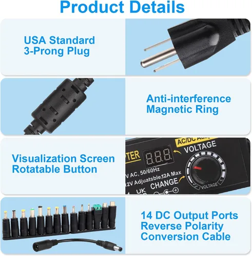 Vista 5 de Fuente de alimentación de CC ajustable, adaptador de corriente universal Auplf 3V ~ 12V 12A 144W Adaptador de CA/CC Variable Fuente de alimentación
