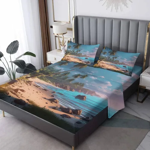 Vista 10 de Juego de sábanas de tamaño individual con diseño de playa – Sábanas de cama con diseño de estrella de mar, microfibra suave, bolsillo profundo