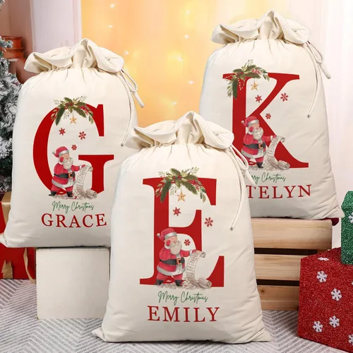 Vista 2 de Saco de Papá Noel personalizado con inicial y nombre para niños, bolsas de regalo de Navidad personalizadas para regalos de vacaciones, caja