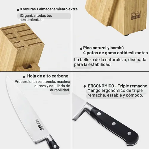 Vista 3 de Cooks Standard Juego de cuchillos de acero inoxidable de 6 piezas con bloque de bambú expandible para ranuras adicionales