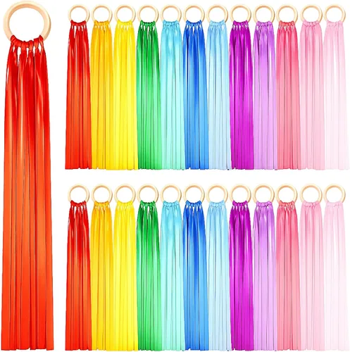 Vista 9 de Junkin Anillos de cinta de mano, juguetes Waldorf, cintas de muñeca bailarín, serpentinas de arco iris con anillo de madera, juguete educativo