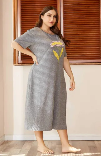 Vista 6 de Camisón de manga corta para mujer, talla grande, con estampado largo, cuello redondo, ropa de dormir, cómoda camisa para dormir