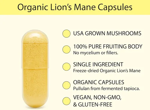 Vista 4 de KOYAH - Cápsulas orgánicas de hongo melena de león, liofilizadas: 60 unidades 100% Fruiting Body, USA Grown, 500 mg per Capsule, 3rd Party Tested