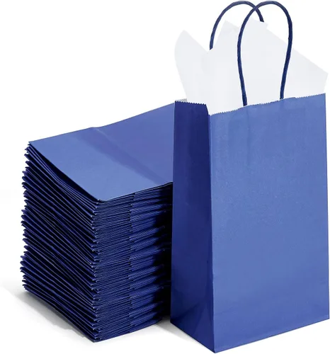 Vista 9 de DjinnGlory Paquete de 100 bolsas de regalo pequeñas de papel azul marino náutico con asas, juego a granel para graduaciones, pequeñas empresas