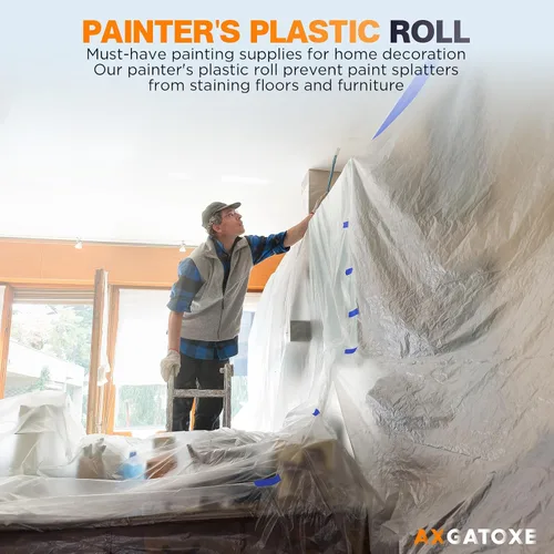 Vista 4 de Paños de plástico, película de plástico de pintor de 200 pies de largo x 9 pies de ancho con 2 rollos de cinta de pintor, láminas de pintor