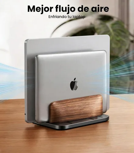 Vista 4 de LOXP Soporte vertical para laptop, [doble ranura de madera + soporte de aluminio para portátil], soporte ajustable para MacBook de escritorio, base
