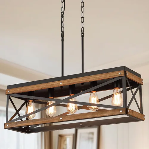 Vista 10 de Accesorio de Lámpara Colgante de Madera Rústica de Granja, Una Luz con Cadena Ajustable, Jaula de Linterna de Madera de Roble y Metal, Iluminación
