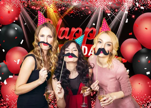 Vista 4 de AIIKES Telón de fondo de feliz cumpleaños de 7 x 5 pies con globos rojos con purpurina para niñas y mujeres, decoración de fiesta de fotografía