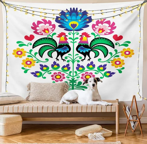 Vista 8 de Lunarable Tapiz Gallus, patrón pulido con gallos para jardín, feliz moda, celebración, primavera, eslava, Polonia, decoración para colgar