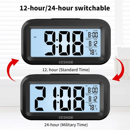 Vista 6 de Reloj despertador digital a pilas con temperatura interior, reloj pequeño de escritorio, modelo de repetición, pantalla de 12/24 horas para Negro