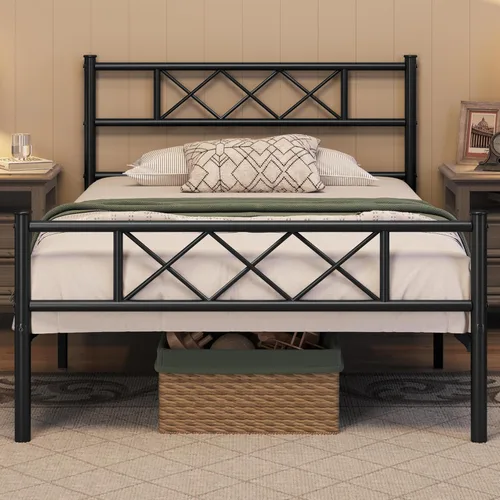 Vista 10 de Topeakmart Base de cama de metal negro con cabecero, base de colchón, cama de plataforma, base de cama con listones, tamaño individual XL