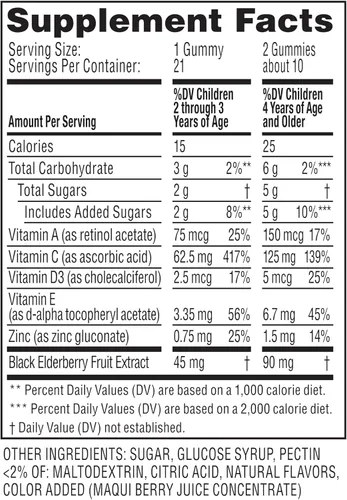 Vista 7 de Zarbee's Gomitas de saúco para niños con vitamina C; zinc y saúco; vitaminas de apoyo inmunológico diario para niños a partir de 2 años; sabor a