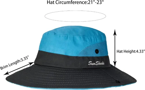 Vista 23 de Sombrero de pesca de playa de ala ancha para mujer, con protección UV, plegable, con agujero para cola de caballo