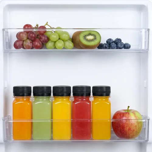 Vista 5 de TOMNK 12 botellas de plástico de 2 onzas con tapas, recipientes reutilizables transparentes a granel para bebidas de jengibre shot, jugo, leche