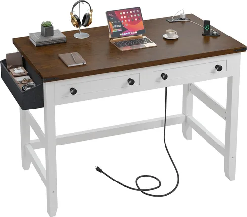 Vista 10 de EnHomee - Escritorio pequeño para computadora con tomas de corriente, escritorio blanco con 2 cajones, pequeña mesa de estudio y escritura
