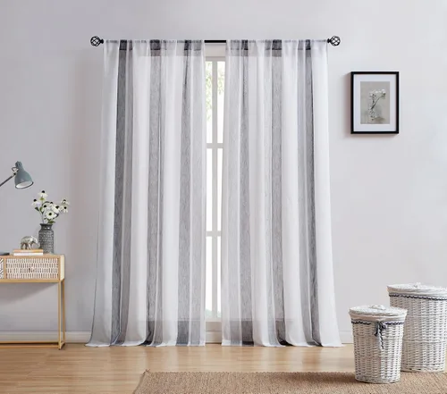 Vista 13 de Central Park Cortinas Transparentes de Rayas Beige y Blancas Estilo Granja de Lino Bouclé, Pares de Paneles de Cortina de Ventana Tejidos con Hilo