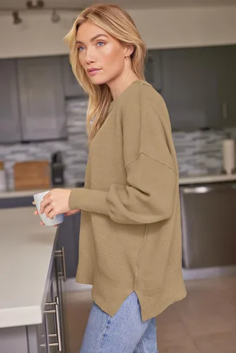 Vista 127 de Lillusory - Suéter extragrande con mangas de murciélago y cuello redondo para mujer, prenda moderna de otoño de tejido de punto sin botones