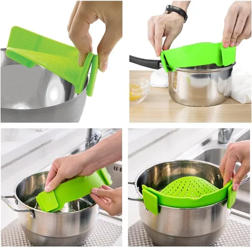 Vista 3 de DaKuan - Colador a presión, 2 paquetes de colador de manos libres con clip, resistente al calor, boquilla para pasta, fideos vegetales, olla y sartén