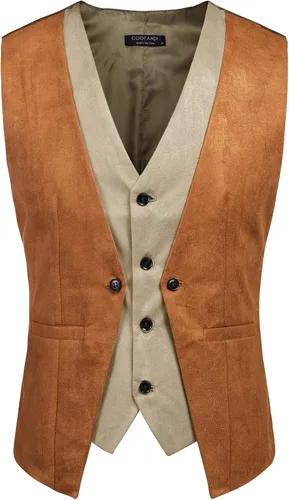 Vista 4 de COOFANDY Chaleco de cuero de ante para hombre, estilo en capas, chaleco de vestir