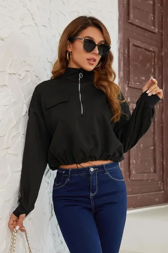 Vista 4 de SILKWORLD Sudadera corta con cremallera de un cuarto para mujer, manga larga, cuello alto, cordón ajustable, con bolsillos