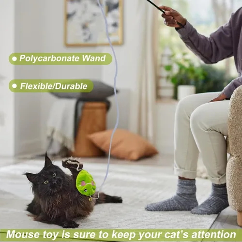 Vista 3 de Varita interactiva de juguete para gatos con ratón de hierba gatera, varita provocadora para gatos con cuerda arcoíris para gatos adultos aburridos