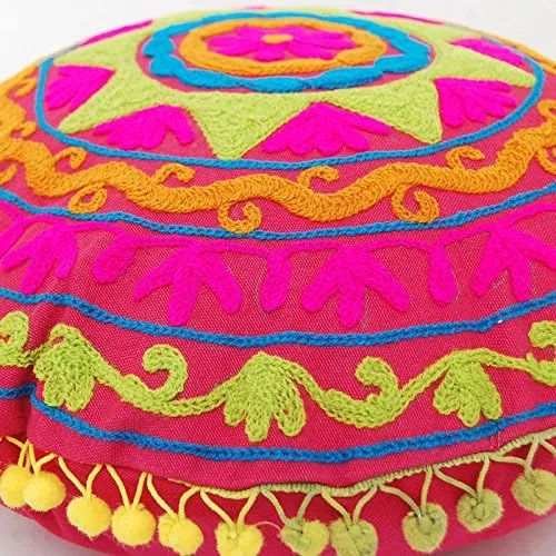 Vista 6 de Cojín redondo Suzani tradicional Jaipur bohemio, fundas de almohada bordadas de 16 pulgadas, fundas de almohada decorativas, cojines indios