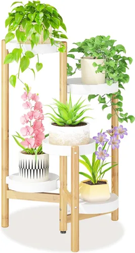 Vista 9 de LASZOLA Soporte de bambú blanco de 3 niveles resistente para plantas en interiores, estante vertical alto de múltiples niveles para esquina estrecha