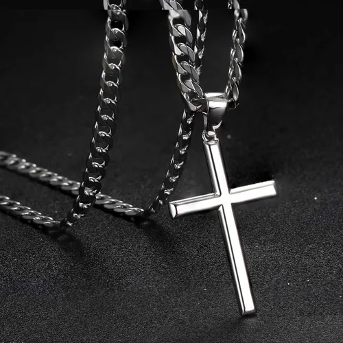 Vista 3 de Tungary Collar de cruz de plata de ley 925 para hombres y mujeres, cadena de eslabones cubanos de acero inoxidable de 0.197in para hombres, cadena