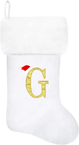Vista 117 de Calcetines de Navidad bordados de 20 pulgadas con monograma, terciopelo negro con puño de felpa blanca supersuave, adornos clásicos para decoración