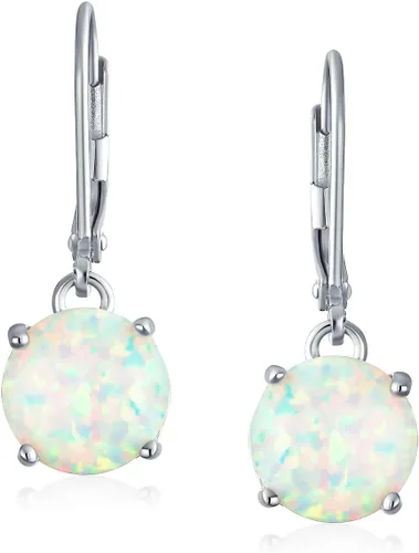 Vista 2 de Aretes clásicos con forma de círculo, solitario, fuego, naranja, rosa, azul, blanco, ópalo colgante, palanca, para mujeres y adolescentes, plata