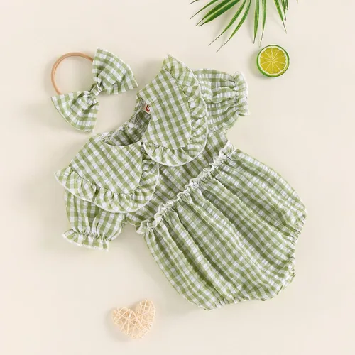 Vista 3 de 2 piezas de ropa para bebé recién nacido, overol a rayas, traje de diadema para niñas de 0 a 24 meses