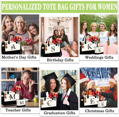Vista 8 de YOOLIFE Regalos para el día de San Valentín, bolsa de lona con inicial y bolsa de maquillaje, regalos de cumpleaños para mujeres, esposa, mamá