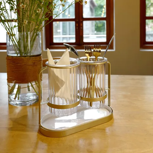 Vista 2 de Soporte dorado para utensilios de cocina y cubiertos para fiesta, cubiertos, cuchara, tenedor, organizador de encimera para cocina, restaurante
