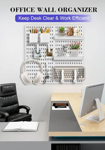 Vista 4 de Set de Organizador de Pared con Tablero de Clavijas – 4 Tableros con Ganchos y Estantes – Organizador de Escritorio para Oficina, Cocina, Sala